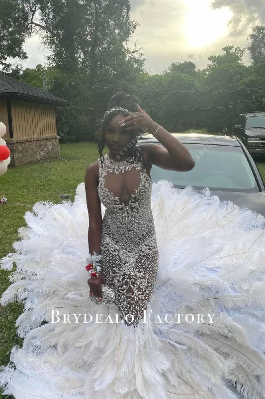 Prom Dress | Rhinestones White Feathered Trumpet Formal Gown