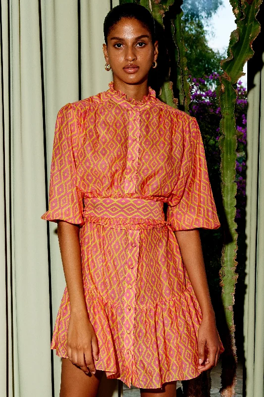 Jasmine Mini Silk Cotton Dress  | Yellow & Pink