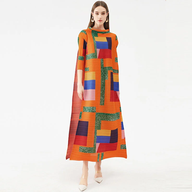Miyake Pleated Geometric Print Long Dress