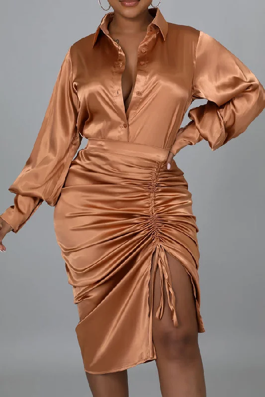 Solid Color Classic Drawstring High Split Dress Suit