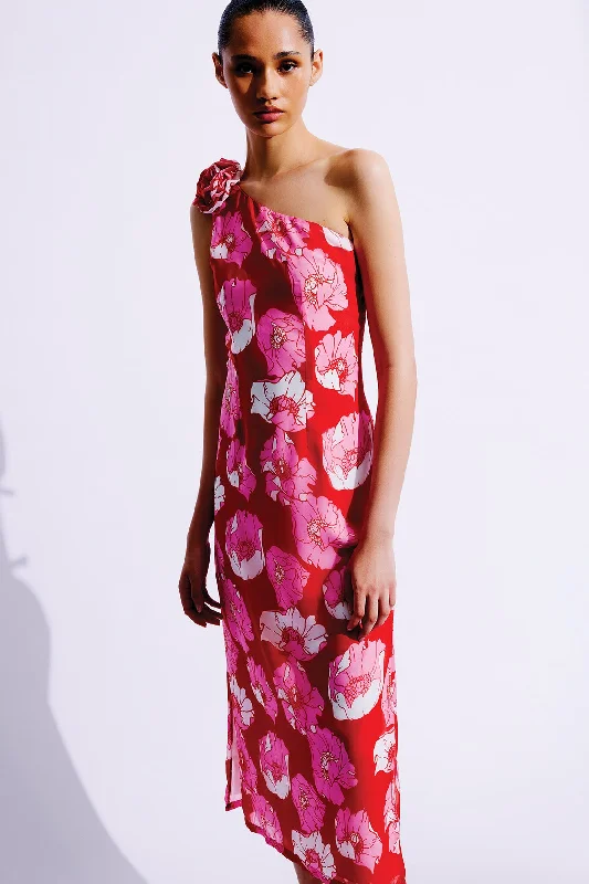 Alexandra One Shoulder Silk Dress | Pink & Red