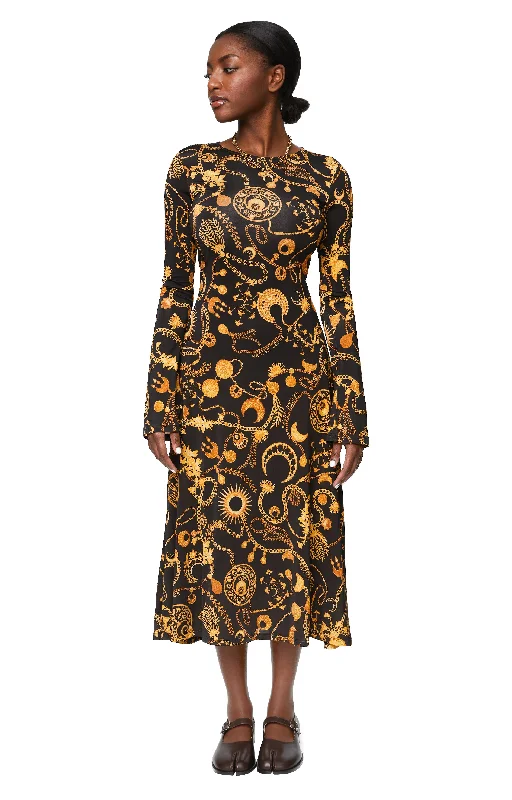 BACK-DRAWSTRING FLUID DRESS (PRINT/BLACK)