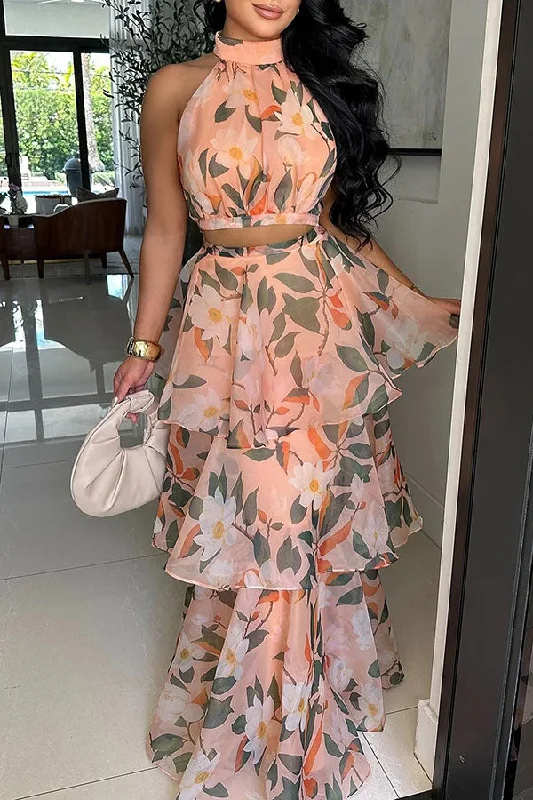 Floral Print Dramatic Cutout Tiered Ruffle Dress Suit