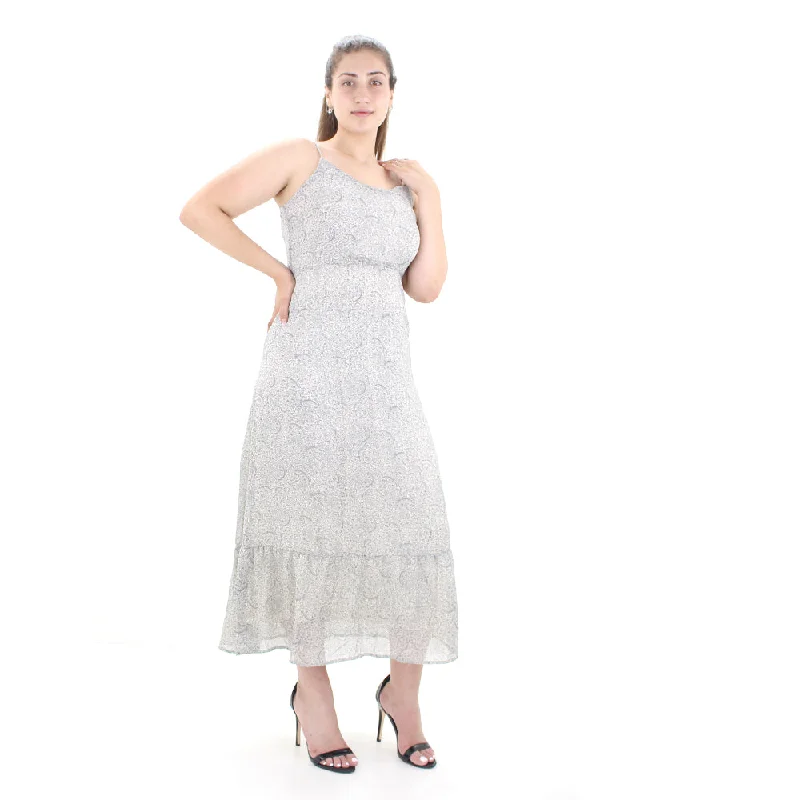 Women's Printed Long Dress,White A-Line Day Work