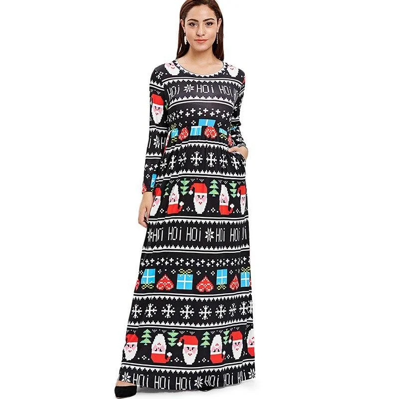 ANALUKE  Christmas Print Maxi Long Dress Shift Classic Vintage