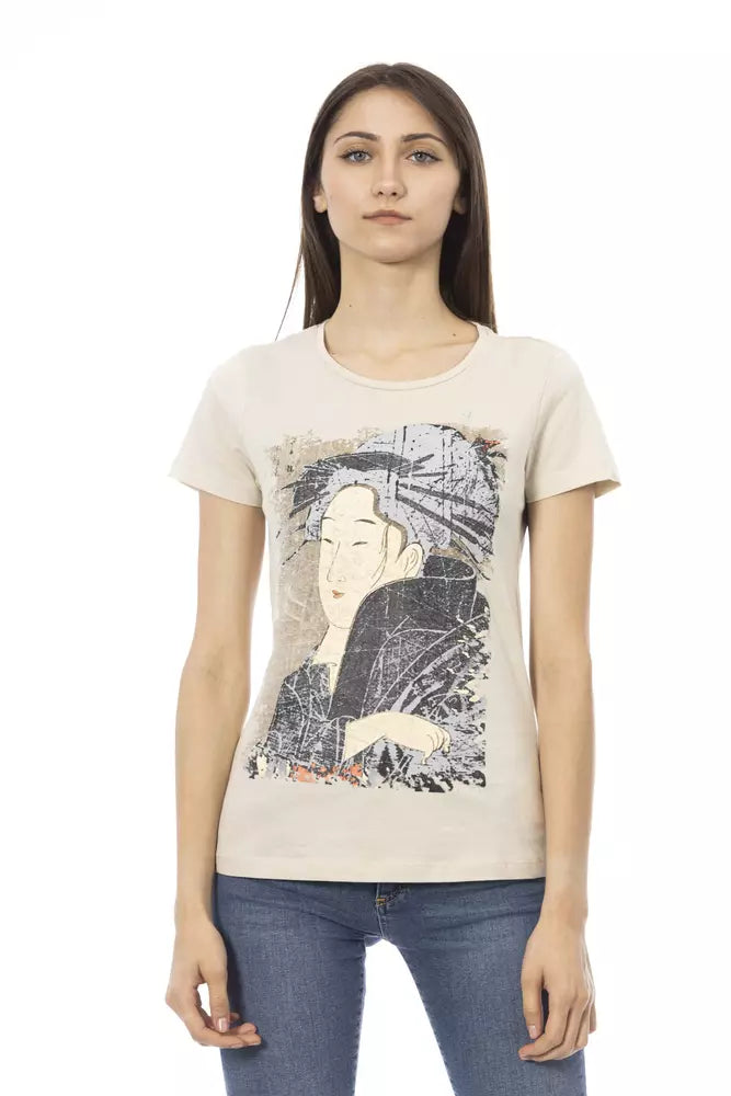 Beige Cotton Women T-Shirt Welt Pockets Slit Pockets