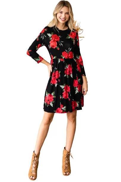 Black Floral 3/4 Sleeve Crew Neck Elastic Waist Dress - Pack of 6 Tunics Fashionable chic