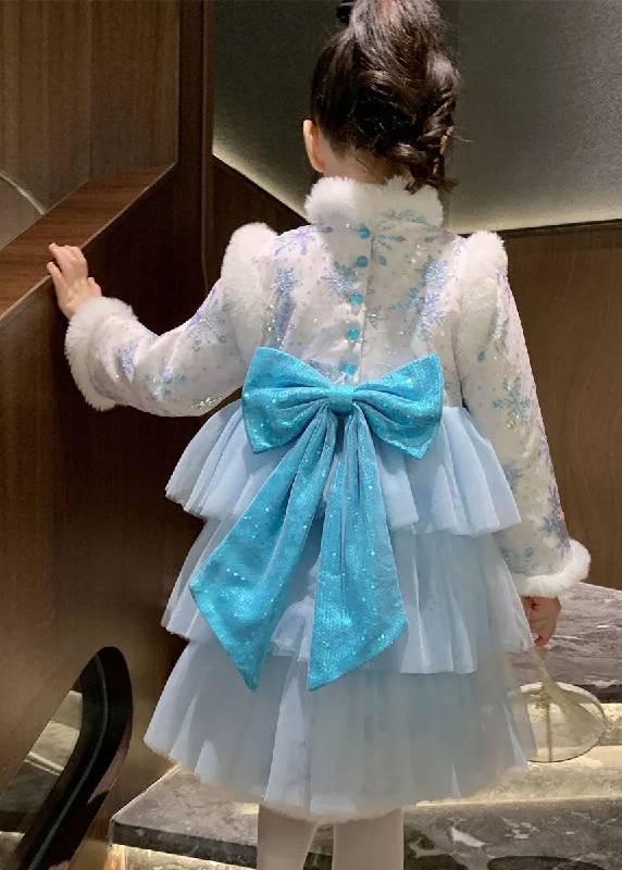 Cute Blue Fur Collar Bow Tulle Patchwork Warm Fleece Girls Long Dress Winter Tunics Favorite customer