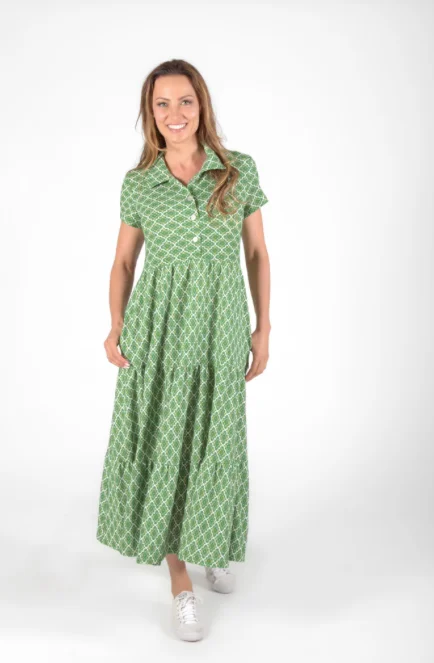 Green Pattern Short Sleeve Tiered Long Dress Tunics Essential wardrobe