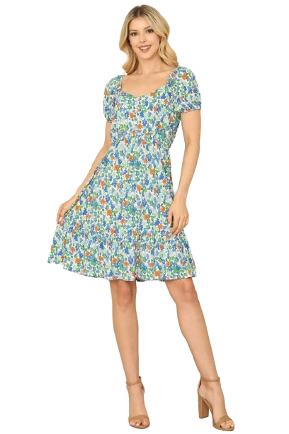 Ivory Blue Disty Floral Short Puff Sleeve Cinch Waist Dress -  Pack of 6 Tunics Prom sequined