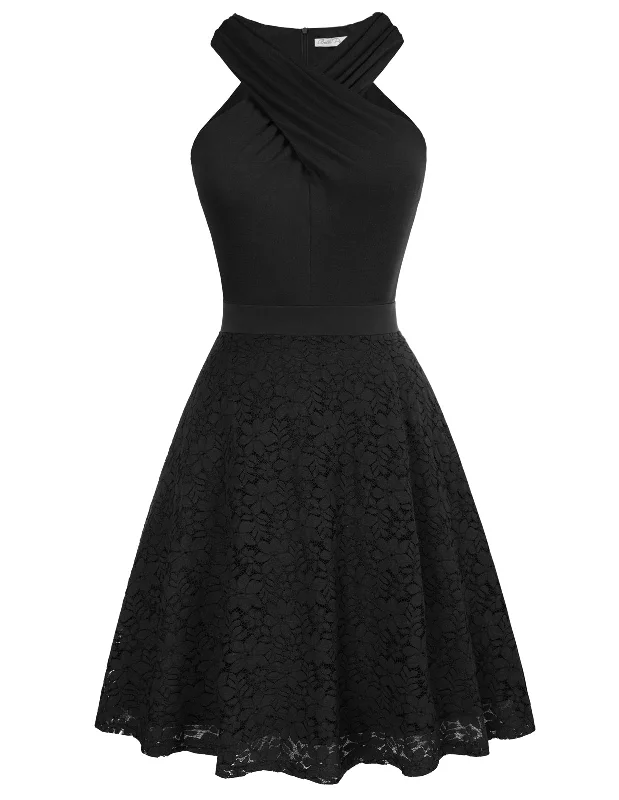Lace Patchwork Dress Cross Over Halterneck Defined Waist A-Line Dress Tunics Sophisticated sleek Lace Patchwork Dress Cross Over Halterneck Defined Waist A-Line Dress Tunics Sophisticated sleek