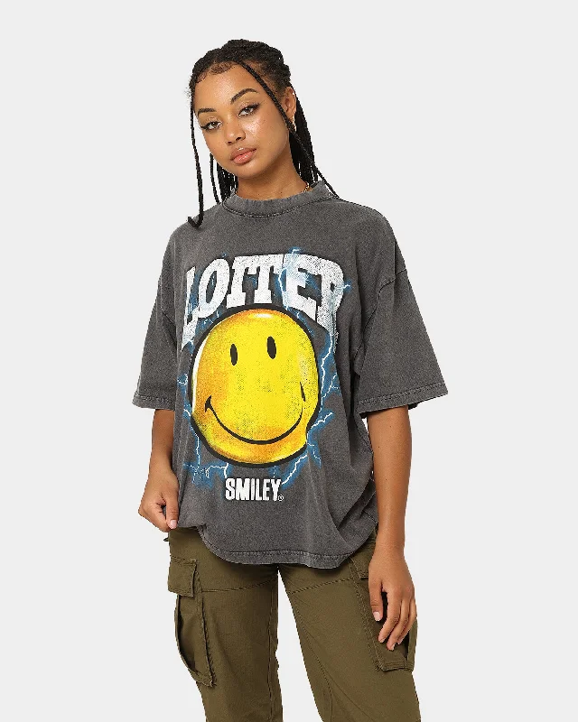 Loiter X Smiley Electric Smile Vintage T-Shirt Charcoal Hooded Caped Shawl Collar