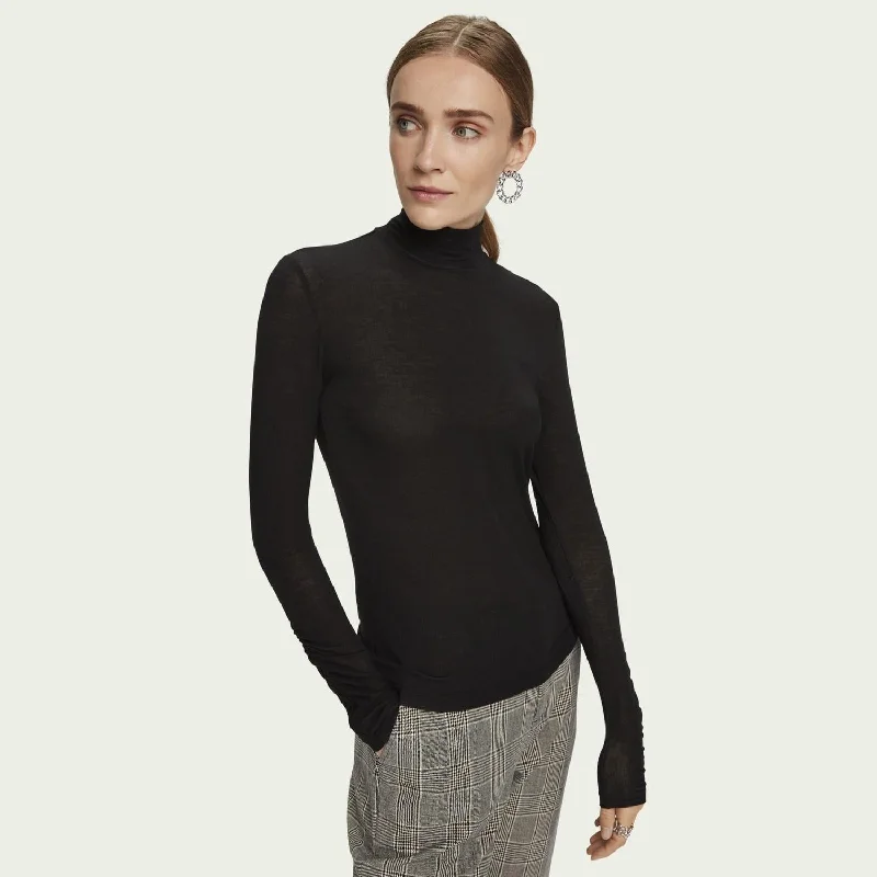 Long Sleeve Turtleneck T-Shirt (Black) Beaded Sequined Faux Fur
