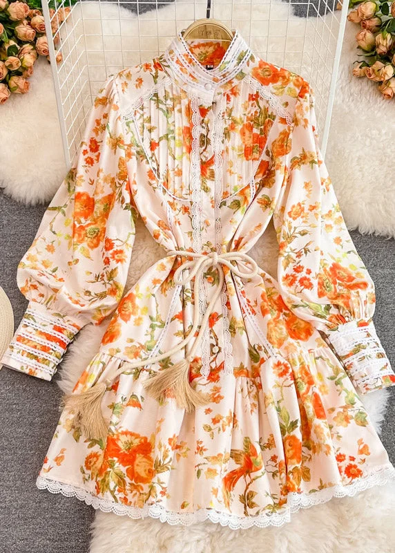 Modern Orange Stand Collar Print Tie Waist Tassel Button Mid Dress Lantern Sleeve Tunics Cozy comfortable