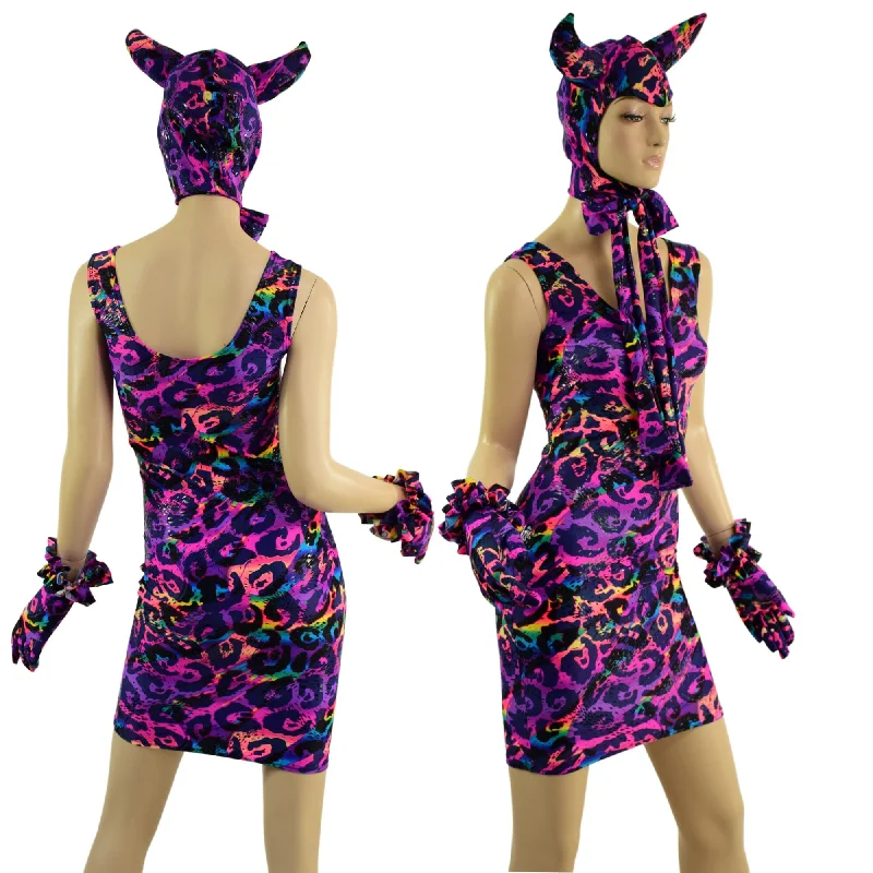 Rainbow Leopard Devil Bonnet, Ruffle Gloves, and Bodycon Tank Dress Set Tunics Practical easy-care Rainbow Leopard Devil Bonnet, Ruffle Gloves, and Bodycon Tank Dress Set Tunics Practical easy-care