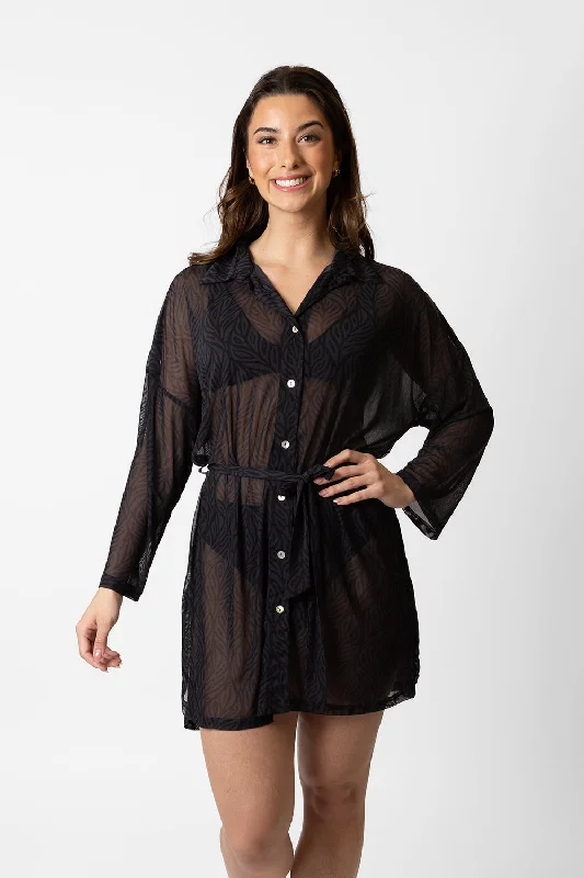 Seascape Mesh Button Up Shirt Dress Off-the-shoulder Chic Trendy