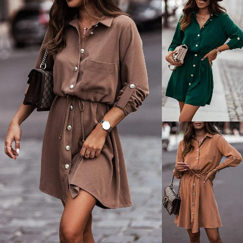 Solid Color Waist Belt With Buttons And Sleeves Dress Tunics Sophisticated sleek