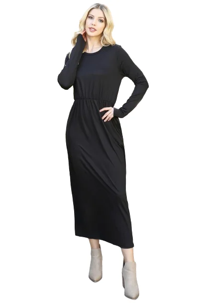 Solid Quarter Sleeve Elastic Waist Dress Black -  Pack of 6 Tunics Stylish modern