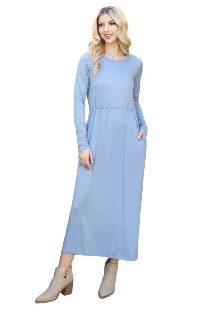 Solid Quarter Sleeve Elastic Waist Dress Dusty Blue -  Pack of 6 Tunics Chic elegant