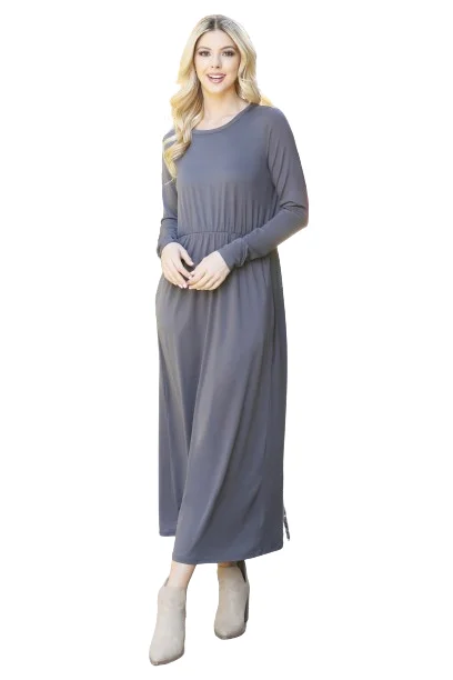 Solid Quarter Sleeve Elastic Waist Dress Grey Dark -  Pack of 6 Tunics Fashionable trendy