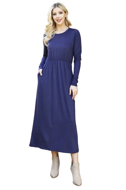 Solid Quarter Sleeve Elastic Waist Dress Mauve Navy  -  Pack of 6 Tunics Cozy comfortable