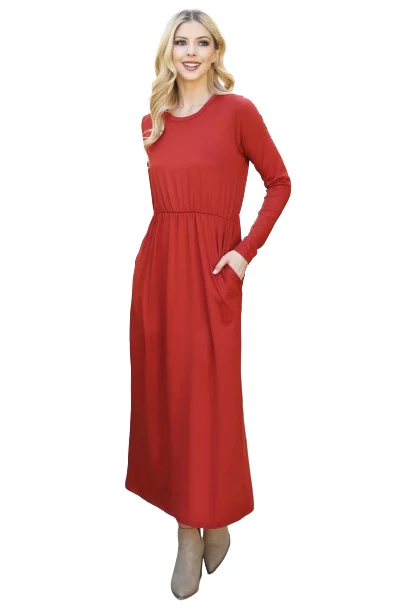 Solid Quarter Sleeve Elastic Waist Dress Mauve Rust -  Pack of 6 Tunics Chic fashionable