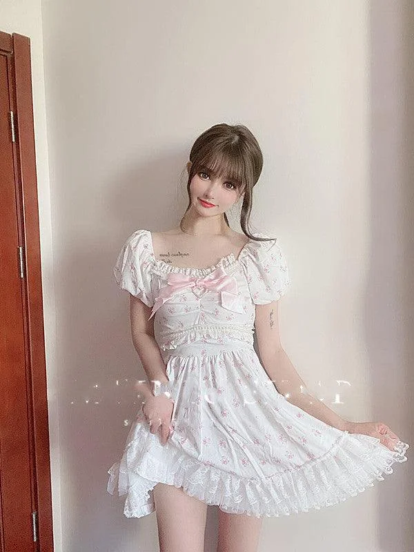 Sweetheart Princess Bowknot Love Diamond Pearl Rose Cake Lace Ruffled Puff Sleeve Waist Dress Tunics Versatile all-occasion Sweetheart Princess Bowknot Love Diamond Pearl Rose Cake Lace Ruffled Puff Sleeve Waist Dress Tunics Versatile all-occasion