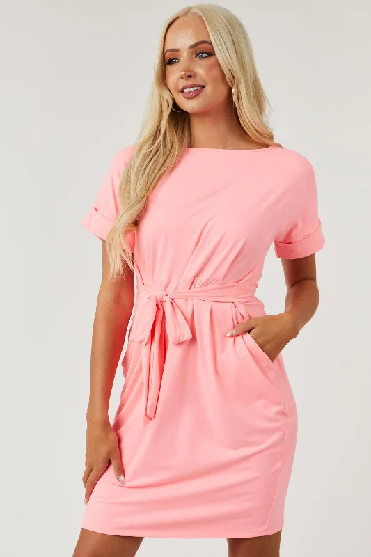 Vibrant Punch Soft Knit Waist Tie Short Dress Tunics Trendy modern
