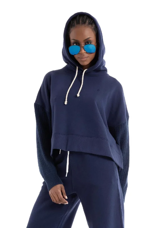 Boxy Fit Hybrid Hoddie Sweater In Newport Navy Boat Neck Shawl Collar Notched Collar