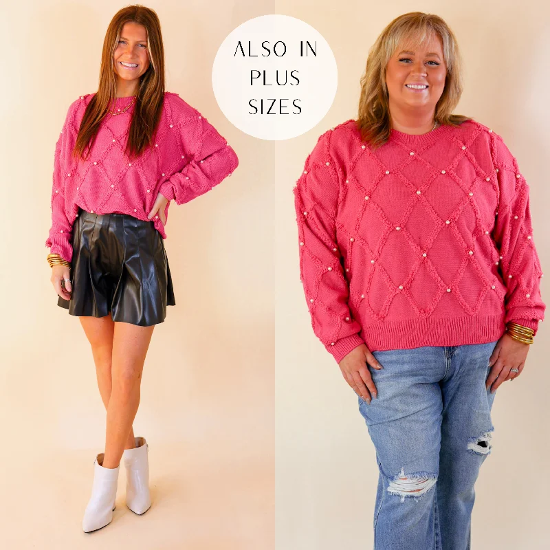 It's The Hour Of Pearl Embroidered Knit Sweater in Hot Pink Terry Blend Velvet Blend Canvas Blend