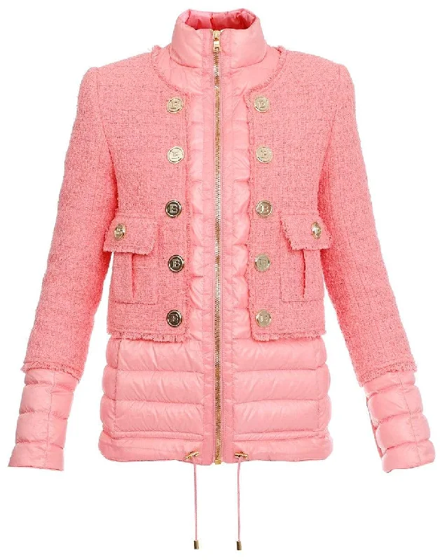 Pink Zippered Tweed Layered Button Jacket Herringbone Jacket Checkered Jacket Solid Jacket