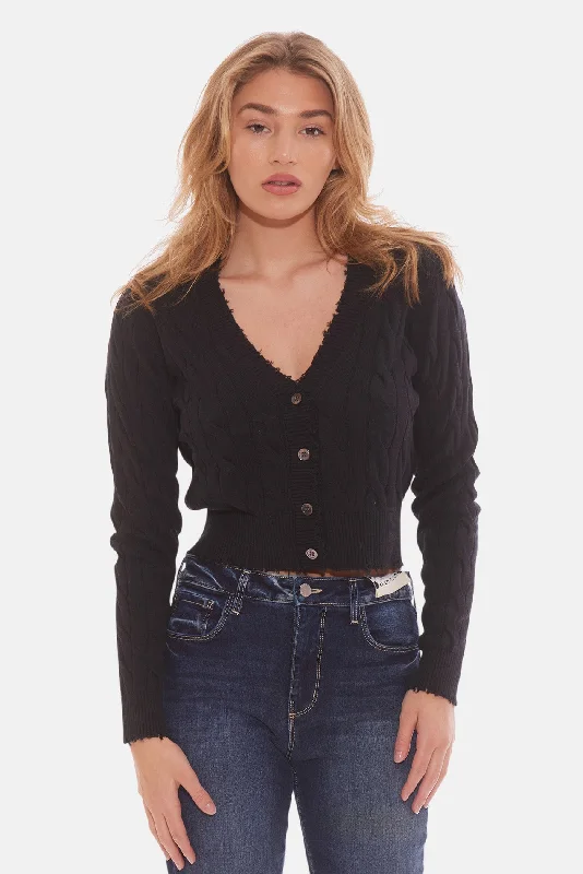 Satya Cable Cropped Cardigan Black Denim Fabric Leather Fabric Suede Fabric