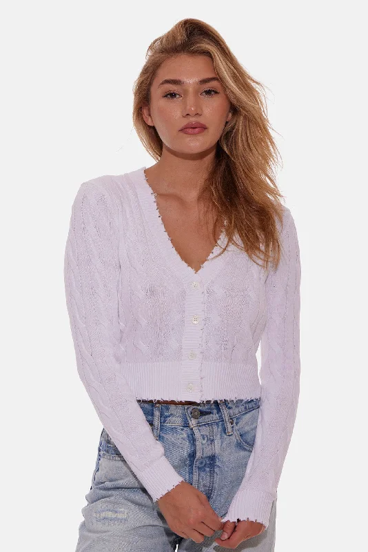 Satya Cable Cropped Cardigan White Front Pockets Side Pockets Patch Pockets