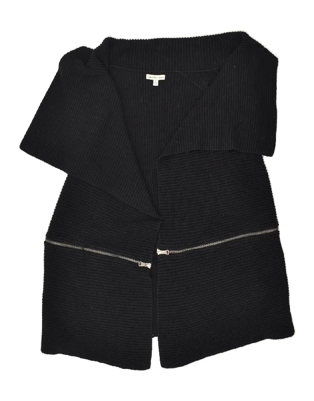 CALVIN KLEIN Womens Sleeveless Cardigan Sweater UK 16 Large Black Cotton Collared Crew Neck Turtle Neck