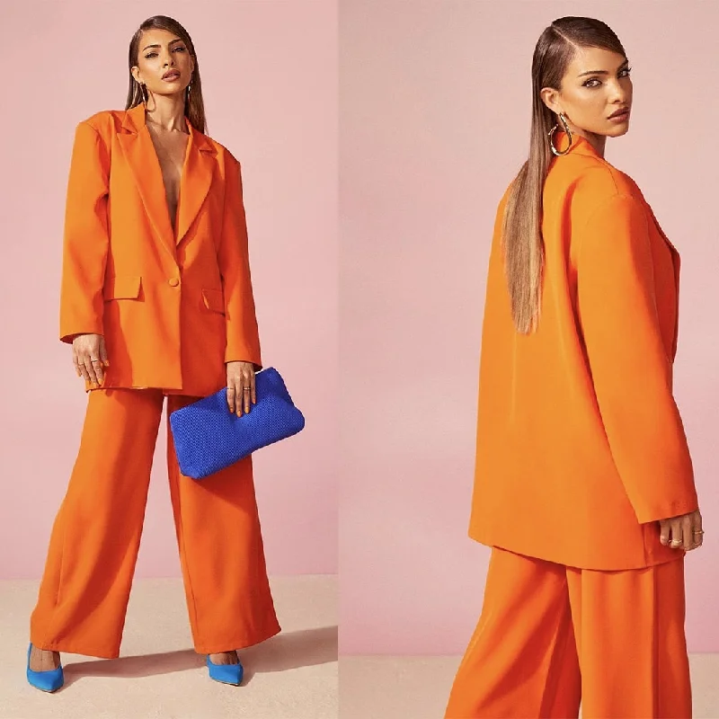 Summer Orange Loose Women Pants Suits Set Super Long Blazer Wide Leg Custom Made Office Lady Party Prom Dress Women's Solid Blazer